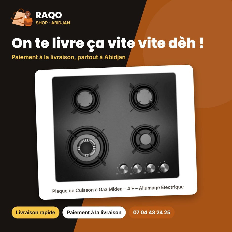 Plaque de Cuisson à Gaz Midea – 4 F – Allumage Électrique – Verre Noir | GAZ_60G40ME402-GFT