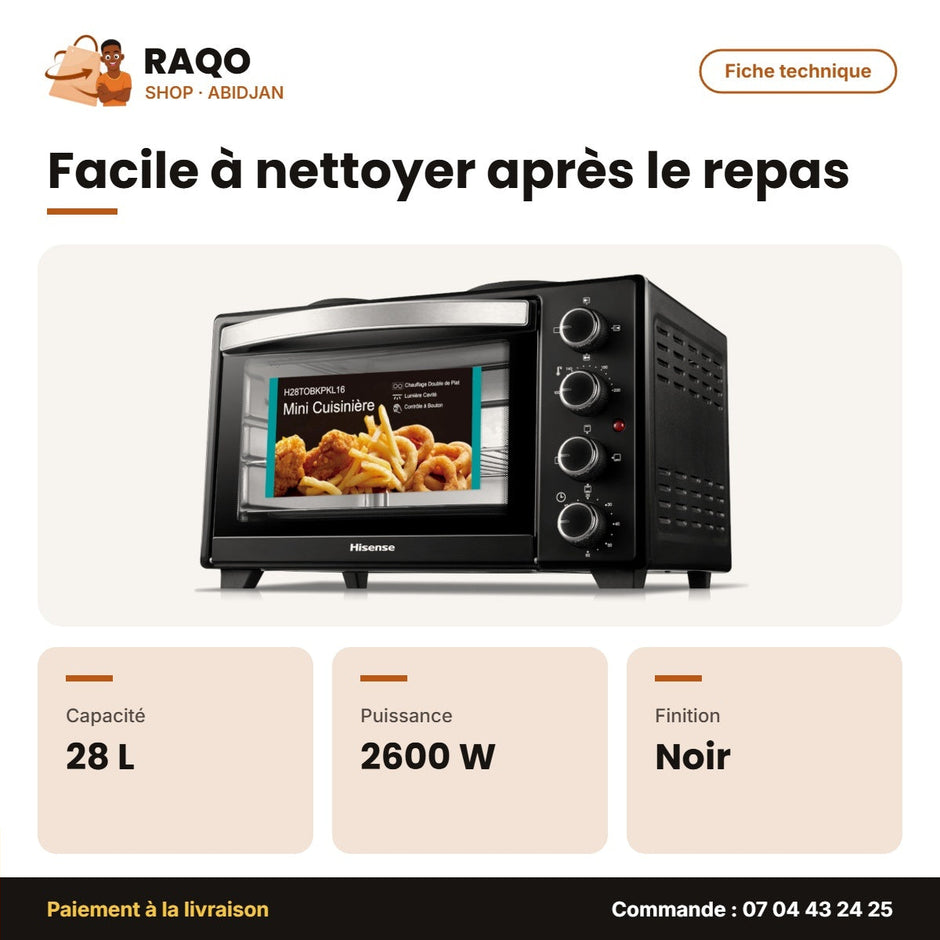 Mini Four + Plaque Chauffante Électrique Hisense – 28 L – Noir – 2600W | H28TOBKPKL16