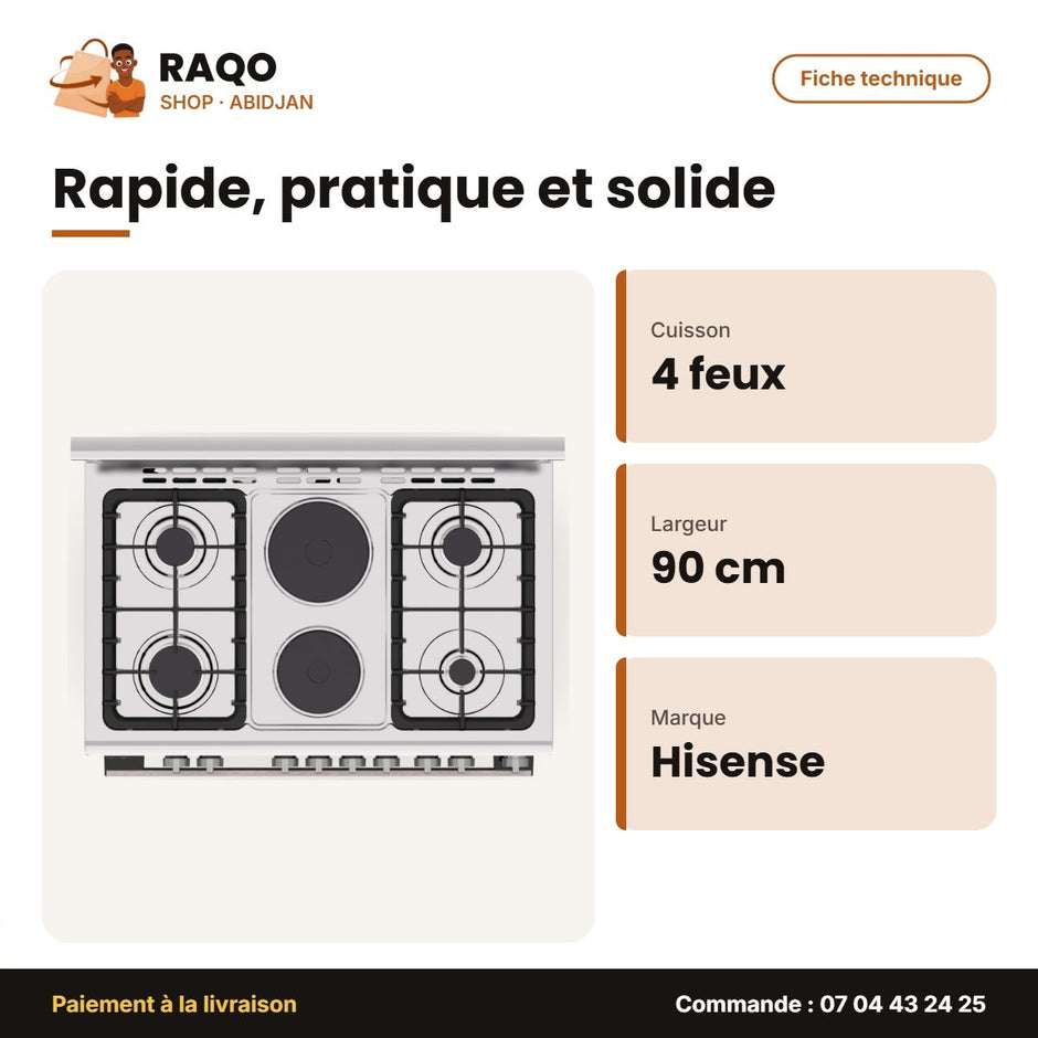 Gazinière 4 Feux + 2 Plaques Électriques Hisense – 90cm – Bouton Poussoir | HF942GEES