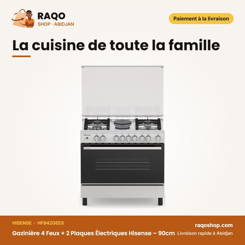 Gazinière 4 Feux + 2 Plaques Électriques Hisense – 90cm – Bouton Poussoir | HF942GEES