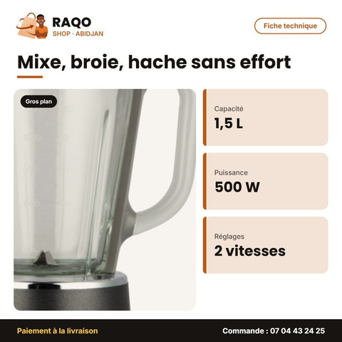 Mixeur Nasco 1.5L 500W – Bocal en Verre – Plastic Body – 2 Vitesses | BL9003-GS