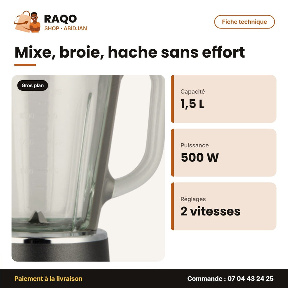 Mixeur Nasco 1.5L 500W – Bocal en Verre – Plastic Body – 2 Vitesses | BL9003-GS