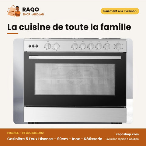 Gazinière 5 Feux Hisense – 90cm – Inox – Rôtisserie | HFG90335RX02