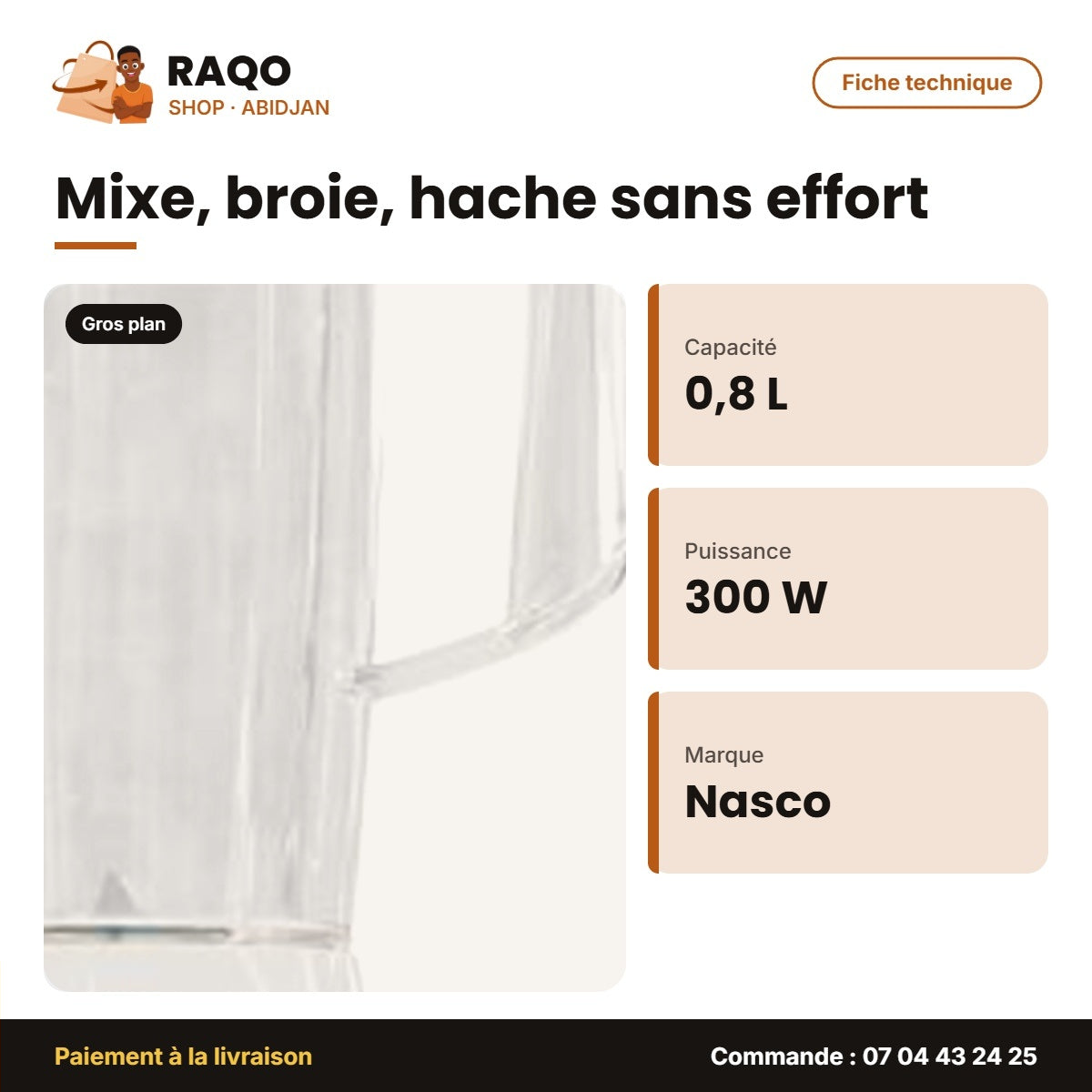 Mixeur Nasco 0.8 Litre 300W 4 Pots de Mix (800ML-600ML-330ML-60G) – Plast. | MIXER_BL1030K-GS