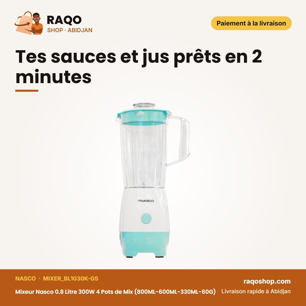 Mixeur Nasco 0.8 Litre 300W 4 Pots de Mix (800ML-600ML-330ML-60G) – Plast. | MIXER_BL1030K-GS