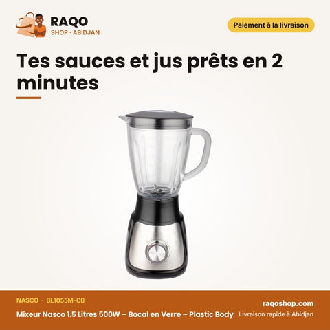 Mixeur Nasco 1.5 Litres 500W – Bocal en Verre – Plastic Body – 5 Vitesses | BL1055M-CB