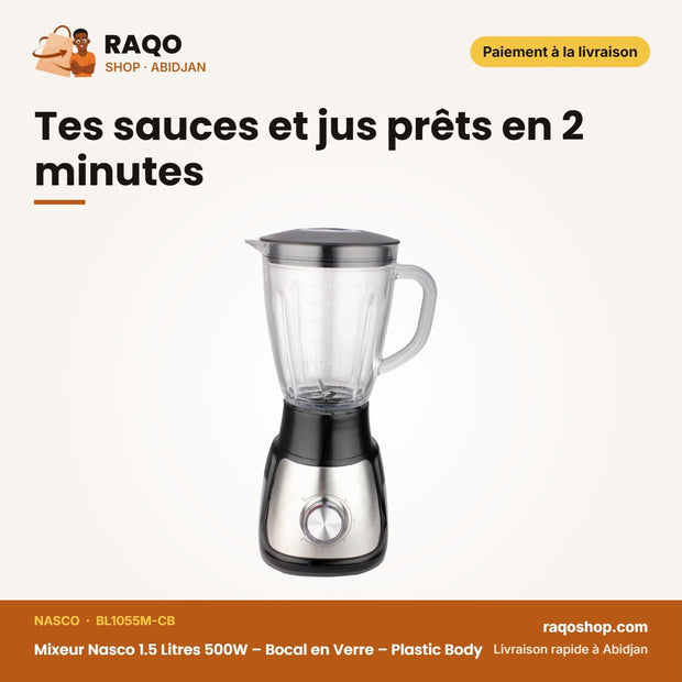 Mixeur Nasco 1.5 Litres 500W – Bocal en Verre – Plastic Body – 5 Vitesses | BL1055M-CB