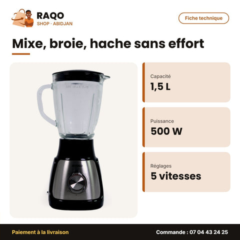 Mixeur Nasco 1.5 Litres 500W – Bocal en Verre – Plastic Body – 5 Vitesses | BL1055M-CB