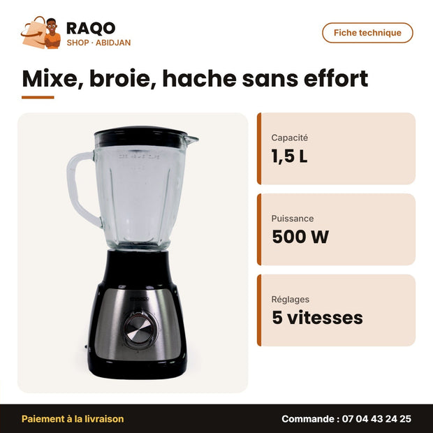 Mixeur Nasco 1.5 Litres 500W – Bocal en Verre – Plastic Body – 5 Vitesses | BL1055M-CB