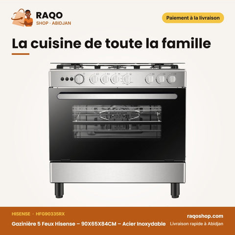 Gazinière 5 Feux Hisense – 90X65X84CM – Acier Inoxydable – Electric Power 41W | HFG90335RX