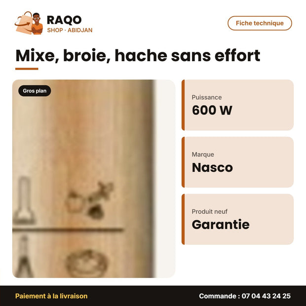Mixeur à Main Nasco 600W 700ML Plast Body – 2VIT. – Revet. en Bois 6PC | MIXER_HB5010KB-GS