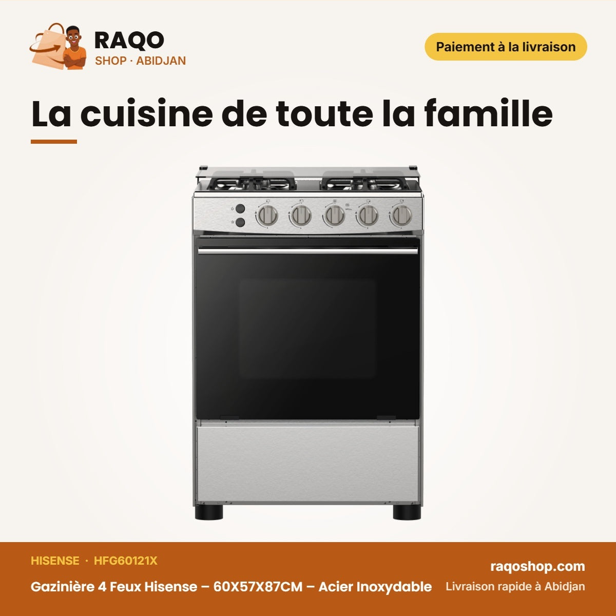 Gazinière 4 Feux Hisense – 60X57X87CM – Acier Inoxydable – Electric Power 25W | HFG60121X