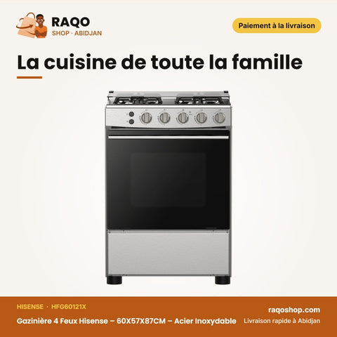 Gazinière 4 Feux Hisense – 60X57X87CM – Acier Inoxydable – Electric Power 25W | HFG60121X