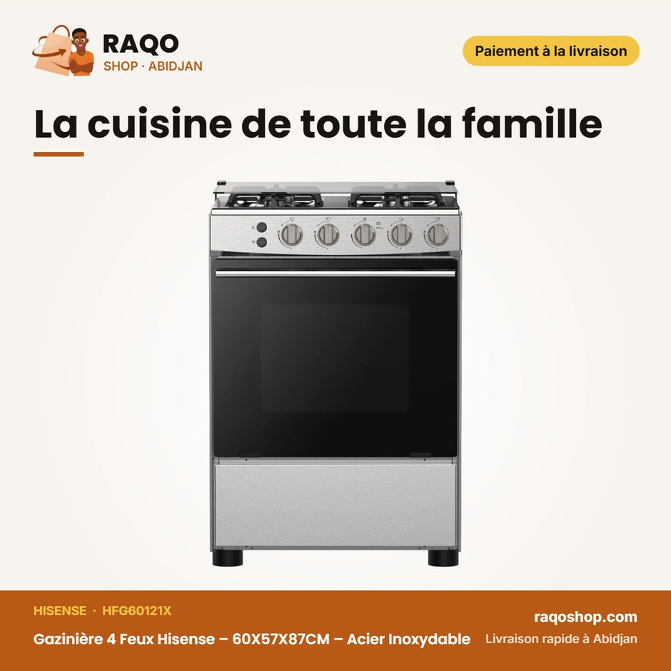 Gazinière 4 Feux Hisense – 60X57X87CM – Acier Inoxydable – Electric Power 25W | HFG60121X