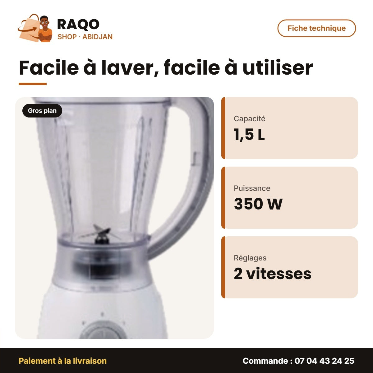 Mixeur Nasco 1.5L 350W Plastic Body – 2 Vitesses – Avec Bocal de Broyag – 4 | MIXER_BL9320K-GS