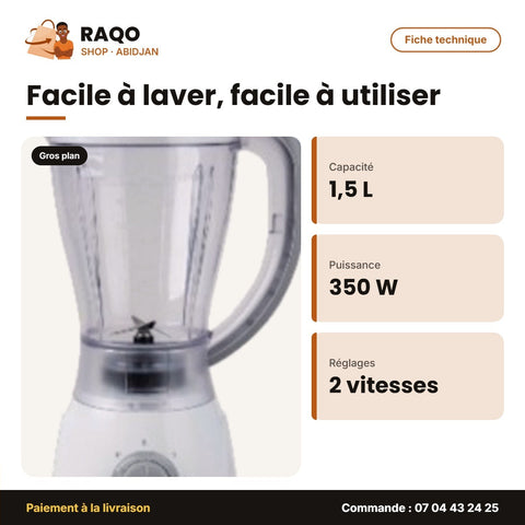 Mixeur Nasco 1.5L 350W Plastic Body – 2 Vitesses – Avec Bocal de Broyag – 4 | MIXER_BL9320K-GS