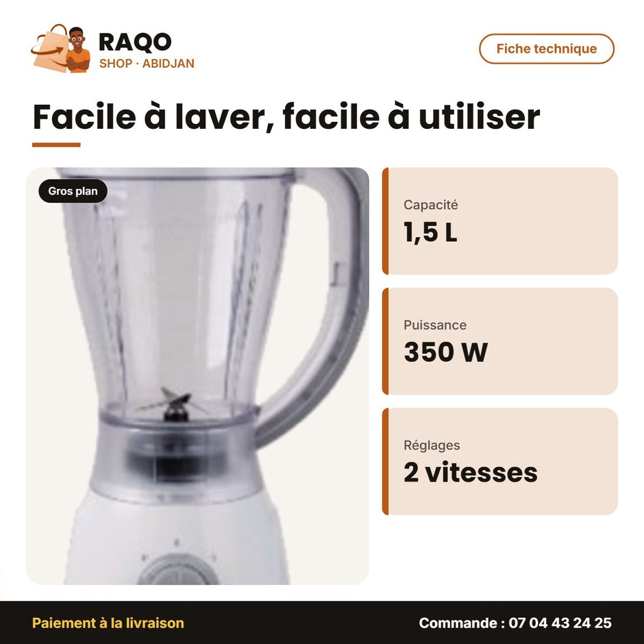 Mixeur Nasco 1.5L 350W Plastic Body – 2 Vitesses – Avec Bocal de Broyag – 4 | MIXER_BL9320K-GS