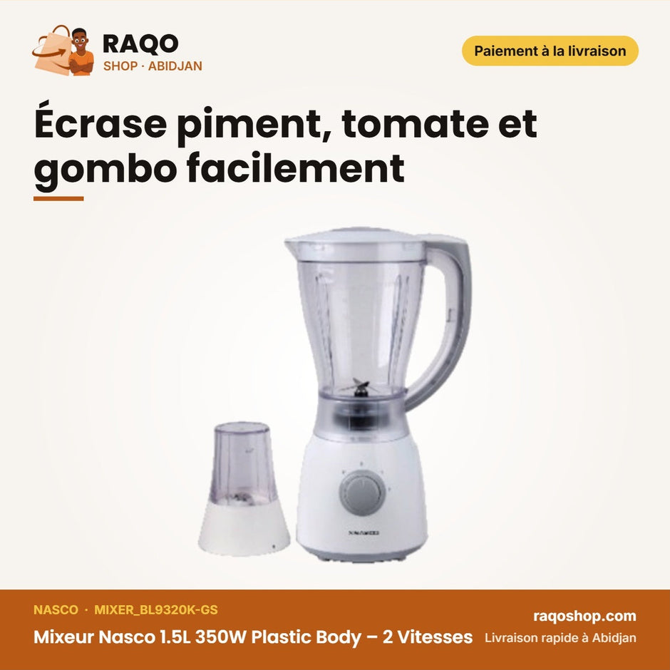Mixeur Nasco 1.5L 350W Plastic Body – 2 Vitesses – Avec Bocal de Broyag – 4 | MIXER_BL9320K-GS