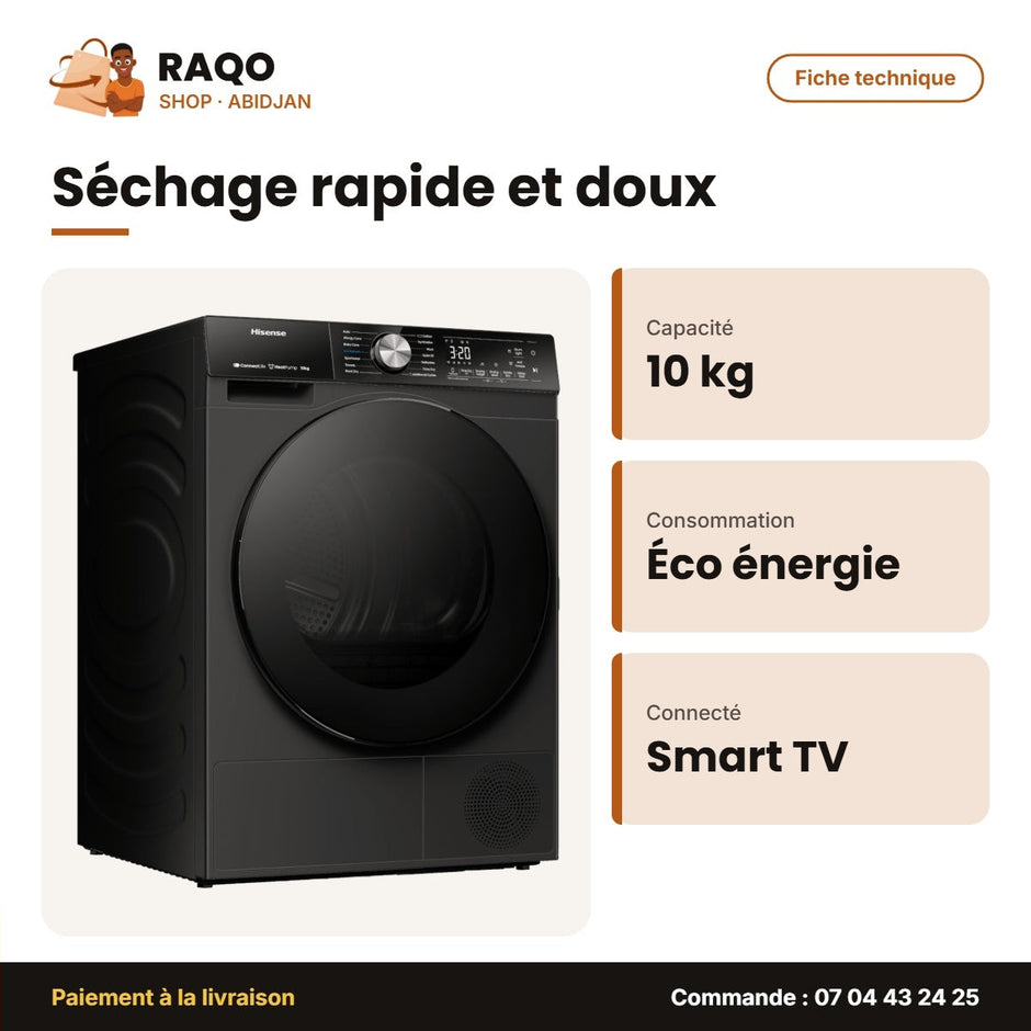 Sèche Linge Hisense 10kg – Noir – A+++ – Connect Life | DH5S102BB