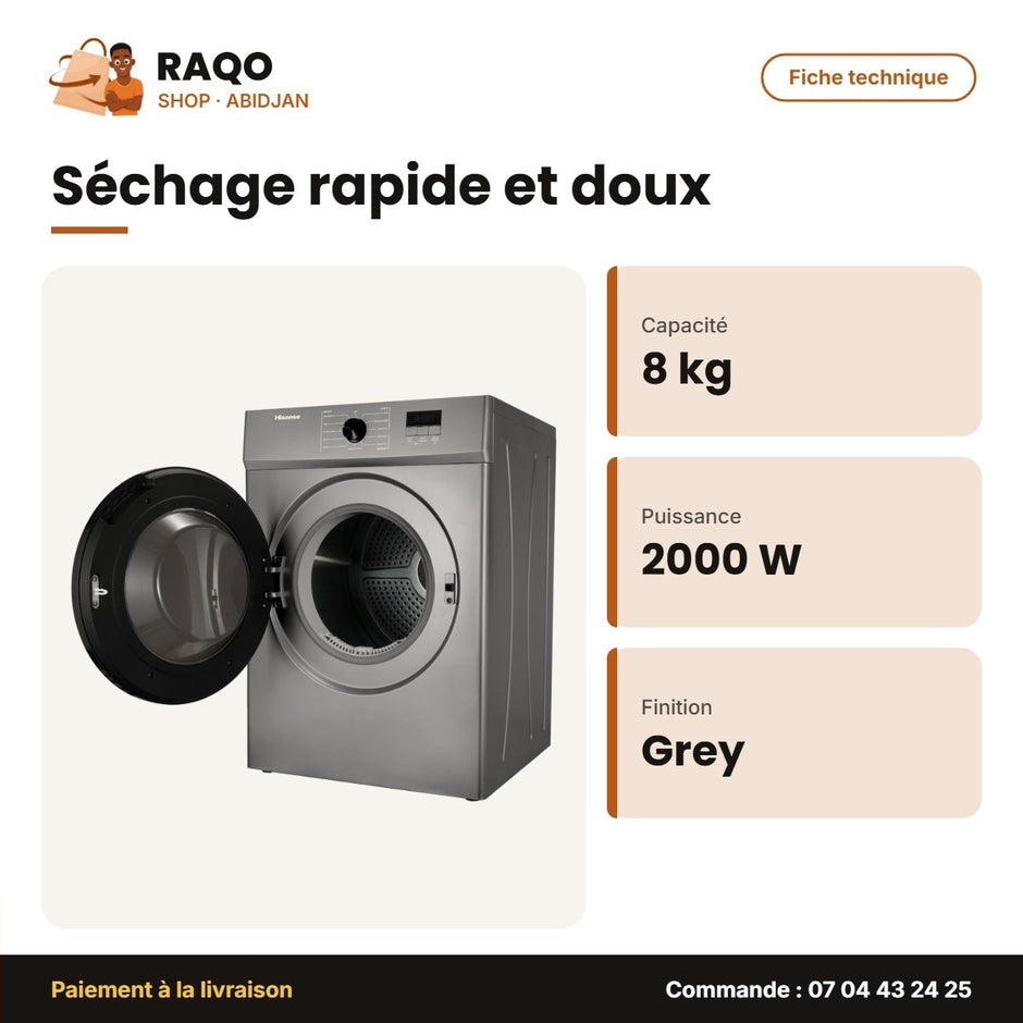 Sèche Linge Hisense – 8kg – Grey – 2000W | DV1W801UT
