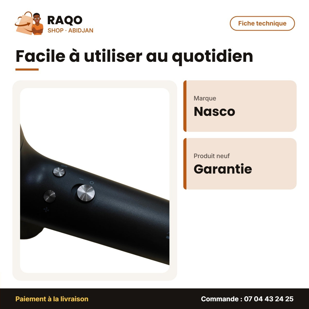 Sèche Cheveux Professionnel Nasco – 3 Réglages de Chaleur – Accessoires | NA-5332