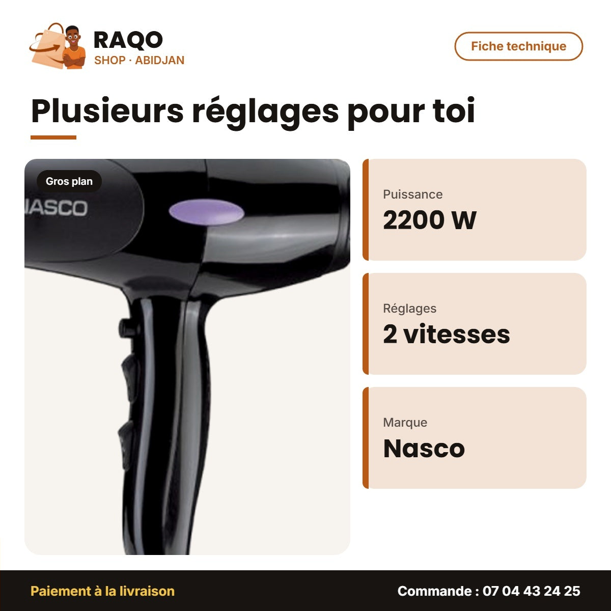 Sèche Cheveux Professionnel AC Nasco – 2200W – 2 Vitesses – 3 Niveaux de Chaleur | NA-5314