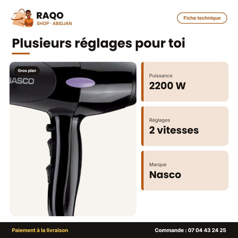 Sèche Cheveux Professionnel AC Nasco – 2200W – 2 Vitesses – 3 Niveaux de Chaleur | NA-5314