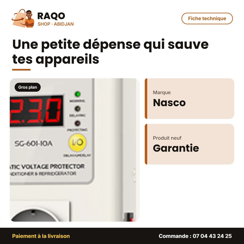 Protecteur de Tension Automatique Nasco 10A – Affichage LCD – Type Mural | SG-601-10A