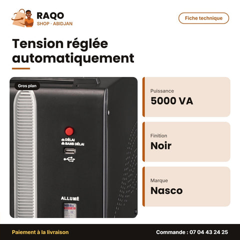 Stabilisateur 5000VA Compteur Digital Nasco – Noir | NAS-5000VA-NR