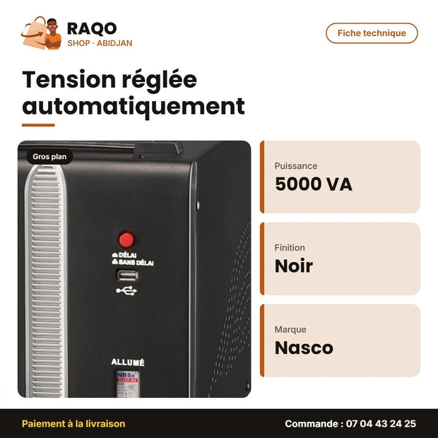 Stabilisateur 5000VA Compteur Digital Nasco – Noir | NAS-5000VA-NR