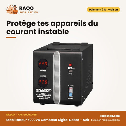 Stabilisateur 5000VA Compteur Digital Nasco – Noir | NAS-5000VA-NR