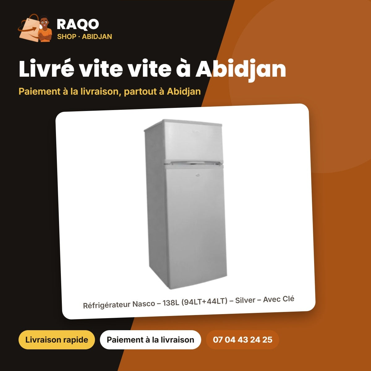 Réfrigérateur Nasco – 138L (94LT+44LT) – Silver – Avec Clé | KNASF2-300S