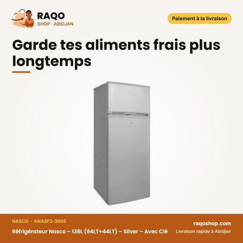 Réfrigérateur Nasco – 138L (94LT+44LT) – Silver – Avec Clé | KNASF2-300S
