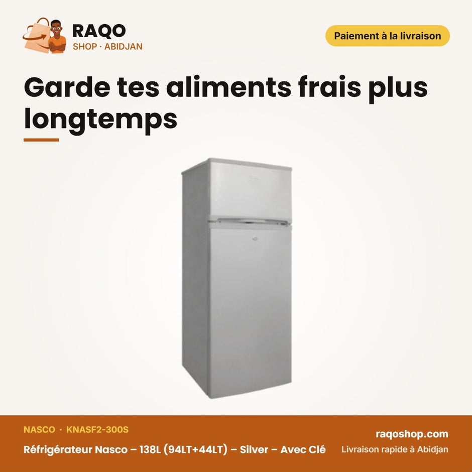 Réfrigérateur Nasco – 138L (94LT+44LT) – Silver – Avec Clé | KNASF2-300S