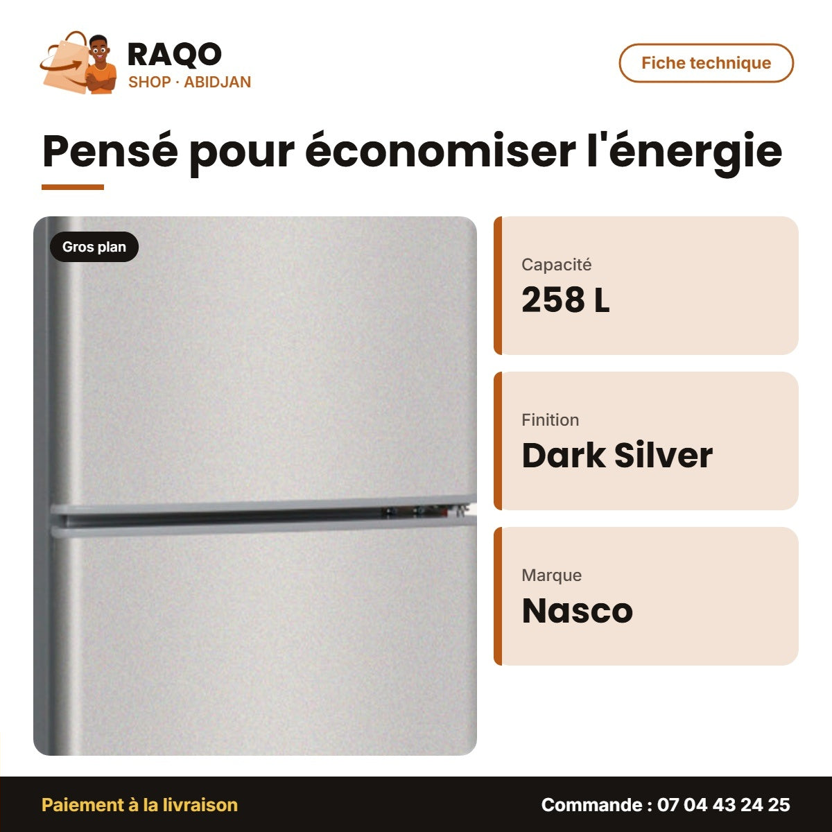 Réfrigérateur Double Porte Nasco – 258LT(158LT Net) – Dark Silver | NASF2-258FL-DS