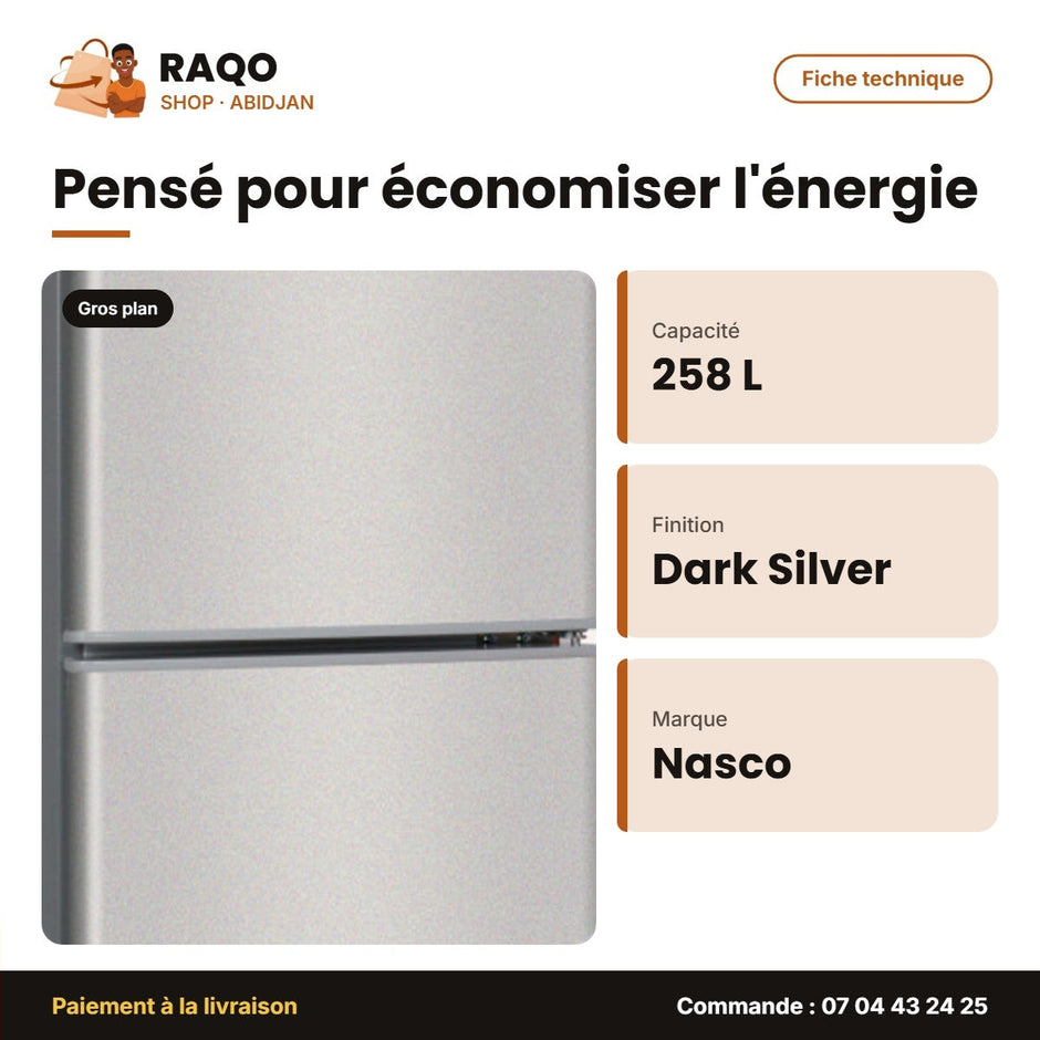 Réfrigérateur Double Porte Nasco – 258LT(158LT Net) – Dark Silver | NASF2-258FL-DS