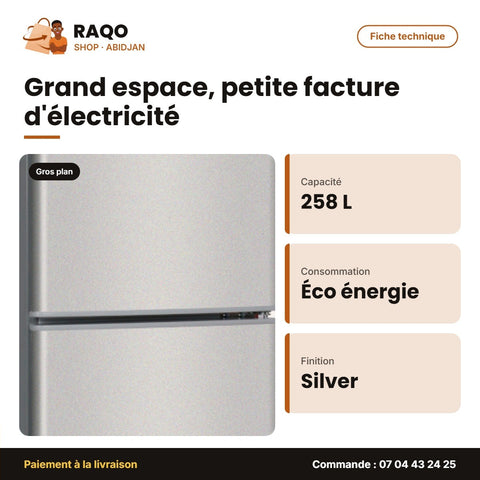 Réfrigérateur Double Porte Nasco – 258LT(158LT Net) – Silver – Economie D'energie | NASF2-258FL