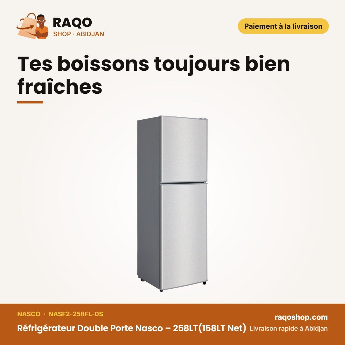 Réfrigérateur Double Porte Nasco – 258LT(158LT Net) – Dark Silver | NASF2-258FL-DS