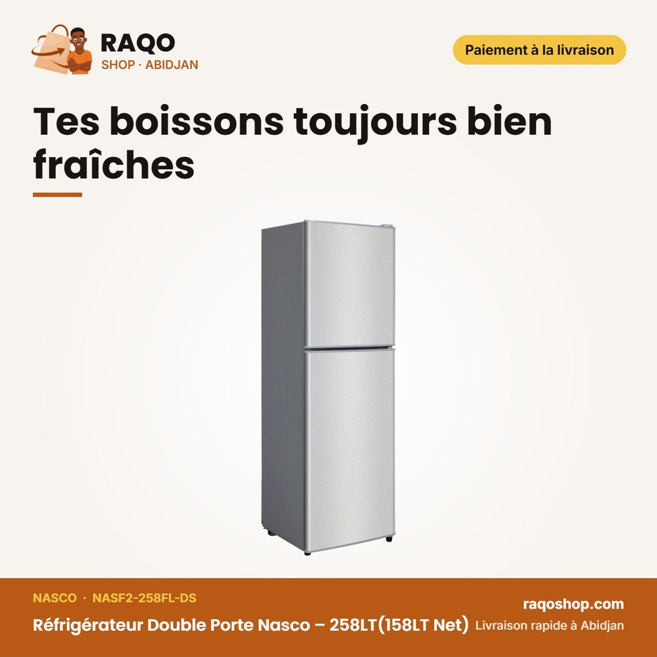 Réfrigérateur Double Porte Nasco – 258LT(158LT Net) – Dark Silver | NASF2-258FL-DS