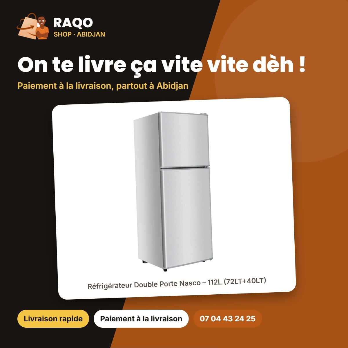 Réfrigérateur Double Porte Nasco – 112L (72LT+40LT) – Noir-Miroir | NASF2-212FL-GD