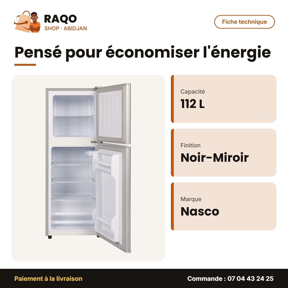 Réfrigérateur Double Porte Nasco – 112L (72LT+40LT) – Noir-Miroir | NASF2-212FL-GD