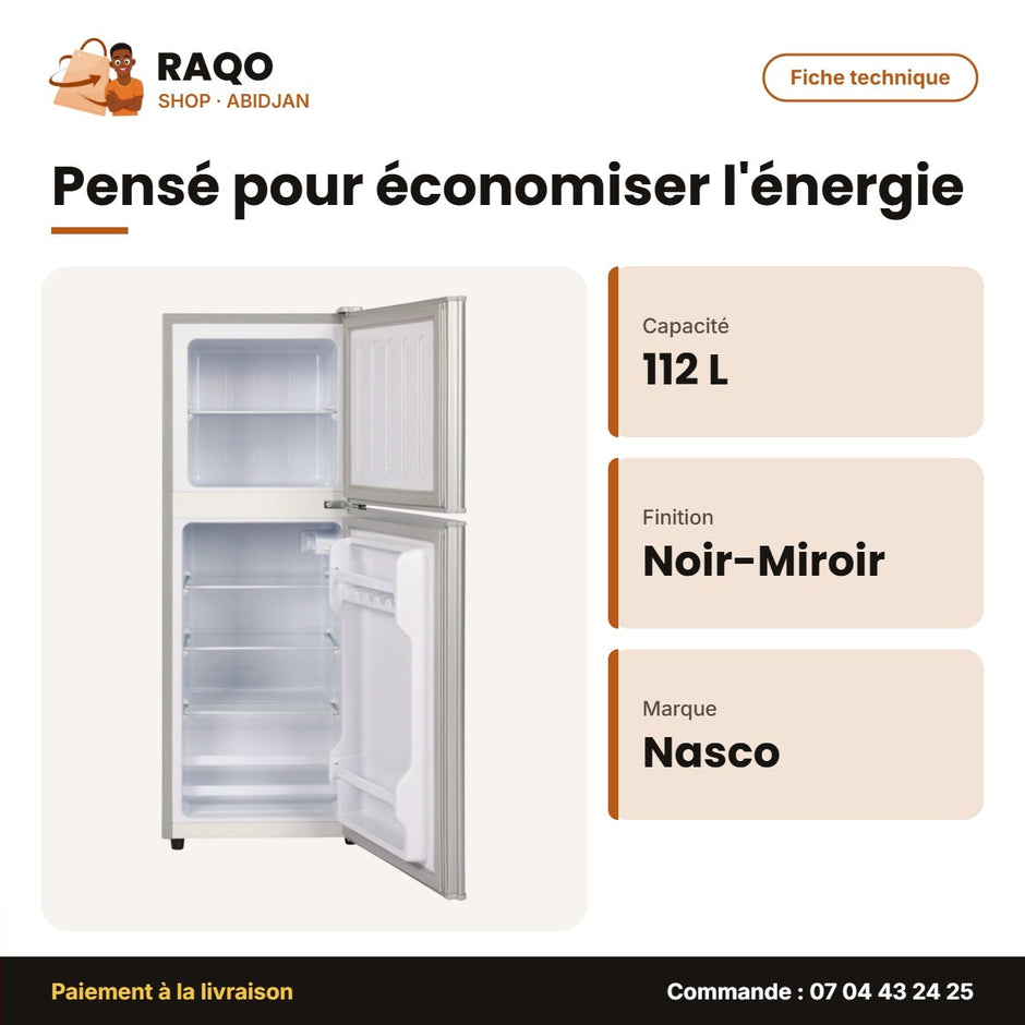 Réfrigérateur Double Porte Nasco – 112L (72LT+40LT) – Noir-Miroir | NASF2-212FL-GD