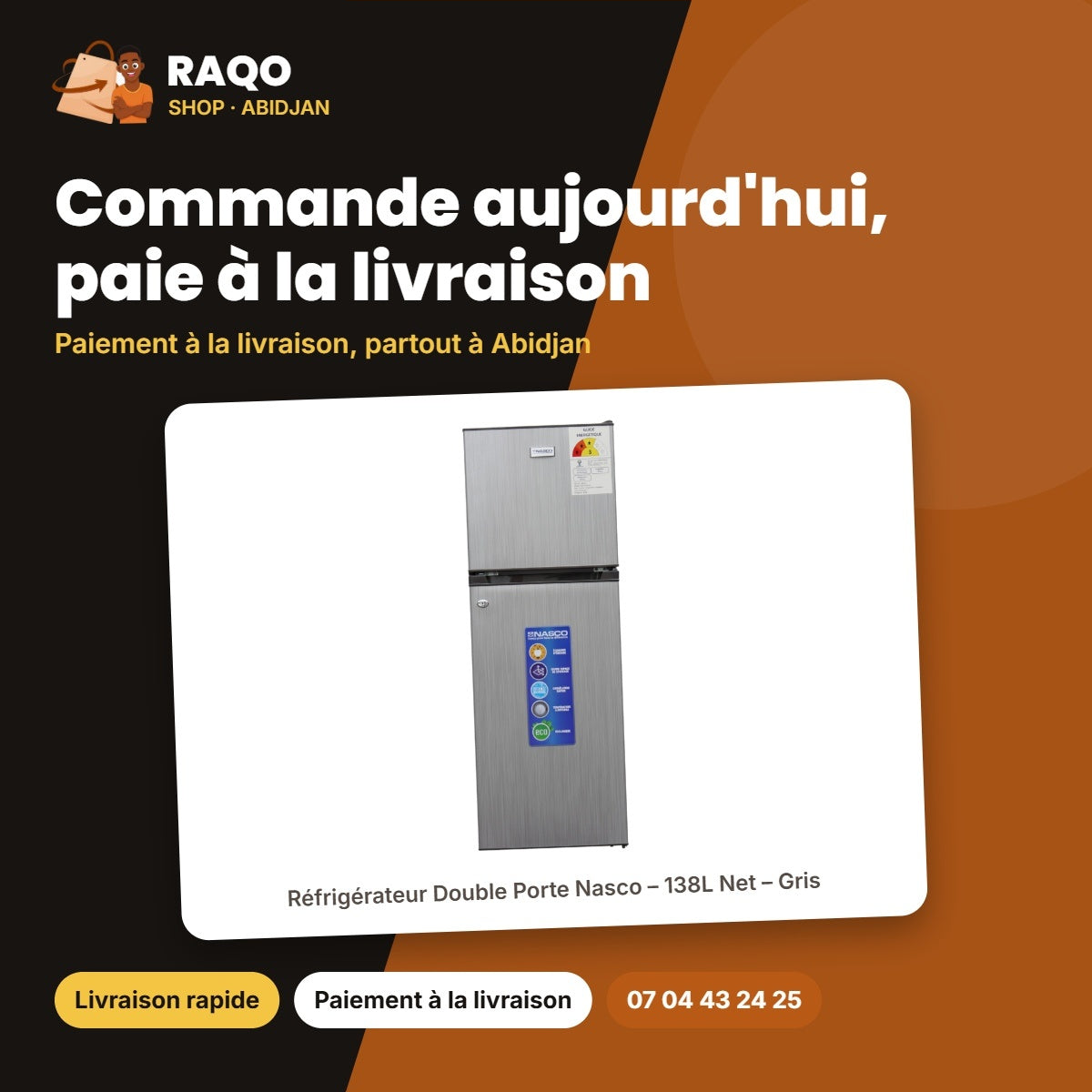 Réfrigérateur Double Porte Nasco – 138L Net – Gris – Éco. D'energie | NASF2-258-LM