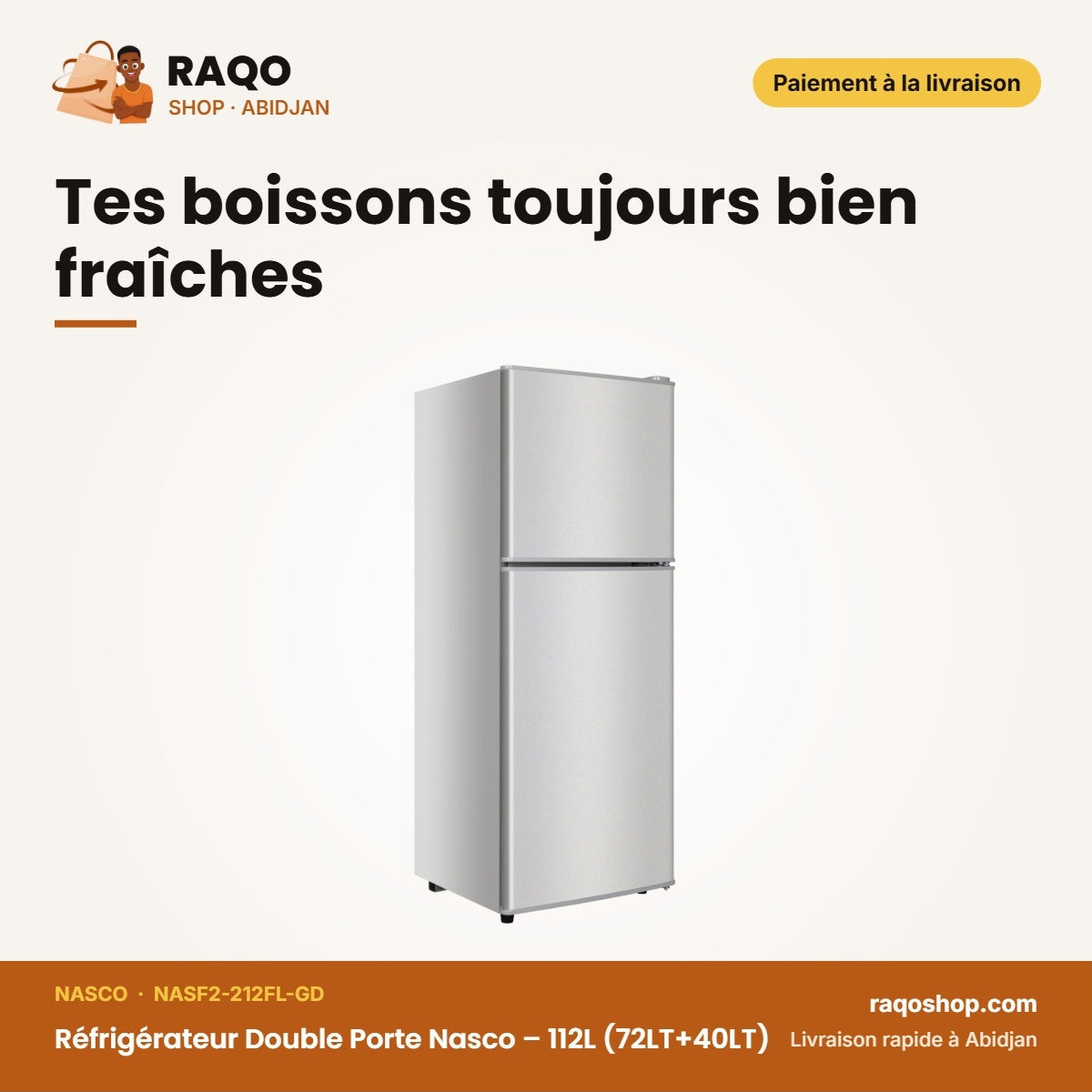 Réfrigérateur Double Porte Nasco – 112L (72LT+40LT) – Noir-Miroir | NASF2-212FL-GD