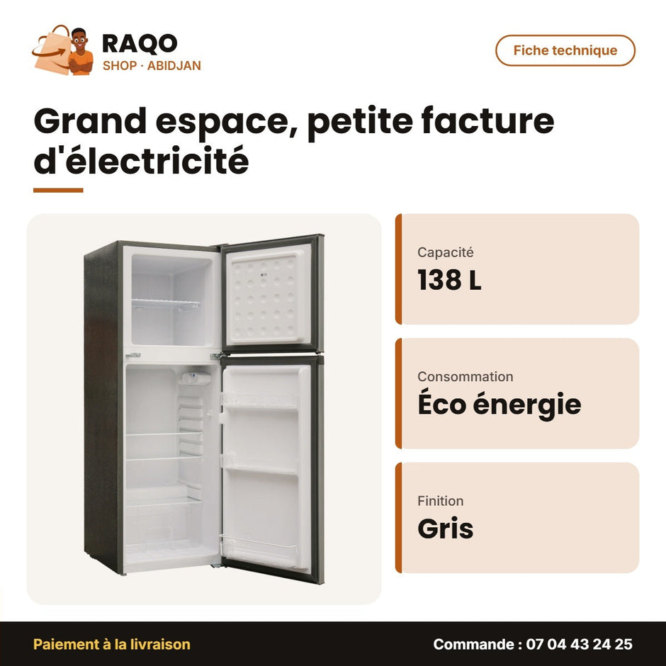 Réfrigérateur Double Porte Nasco – 138L Net – Gris – Éco. D'energie | NASF2-258-LM