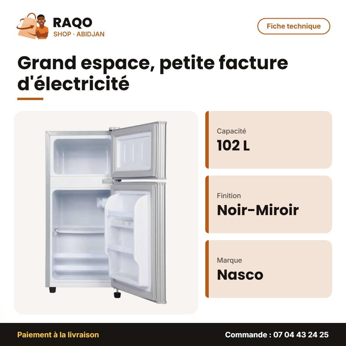 Réfrigérateur Double Porte Nasco – 102L (72LT+30LT) – Noir-Miroir | NASF2-202FL-GD