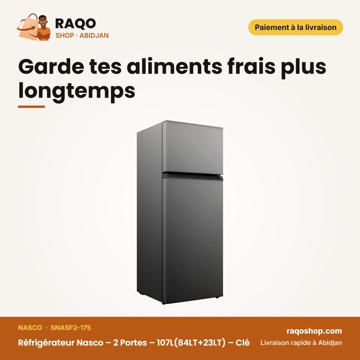 Réfrigérateur Nasco – 2 Portes – 107L(84LT+23LT) – Clé | SNASF2-175