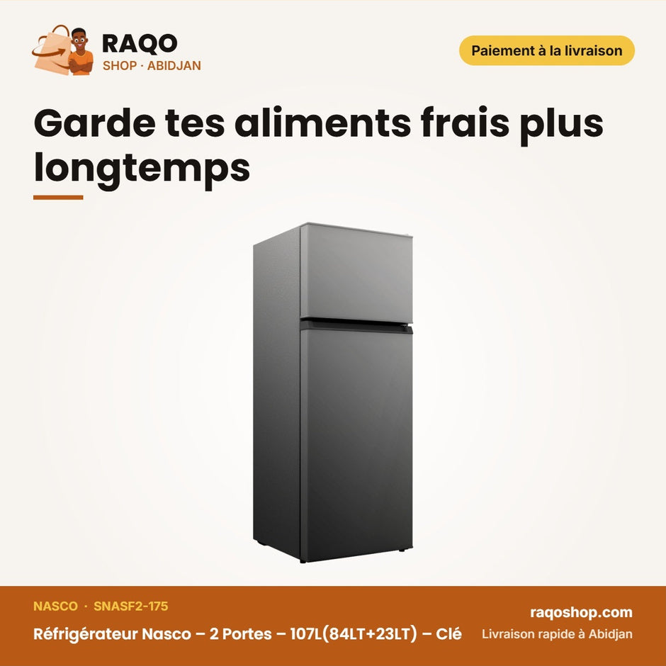 Réfrigérateur Nasco – 2 Portes – 107L(84LT+23LT) – Clé | SNASF2-175