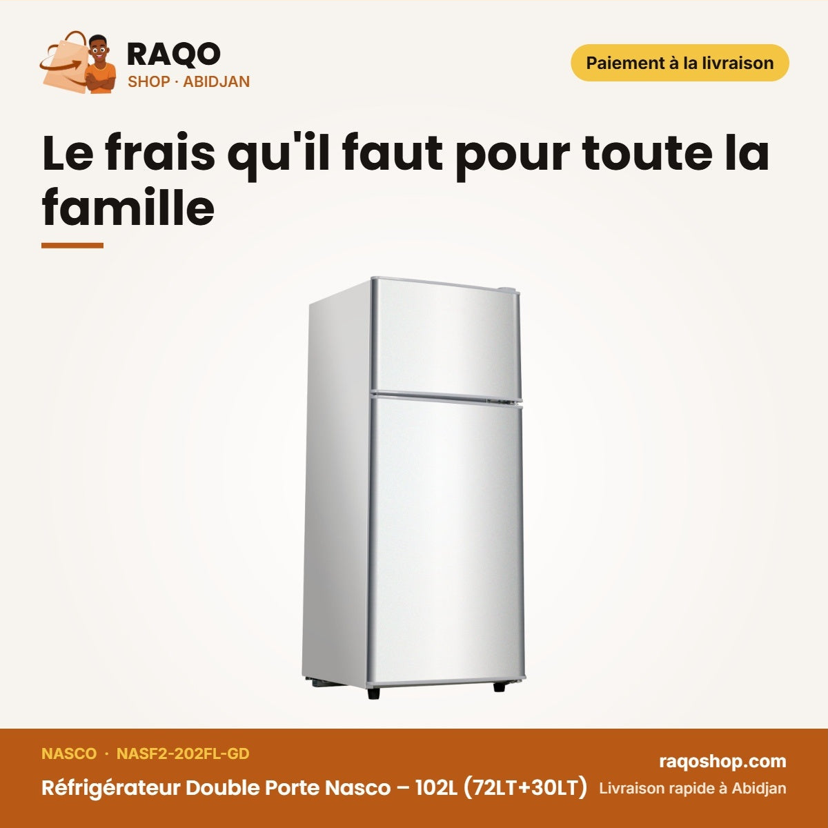 Réfrigérateur Double Porte Nasco – 102L (72LT+30LT) – Noir-Miroir | NASF2-202FL-GD