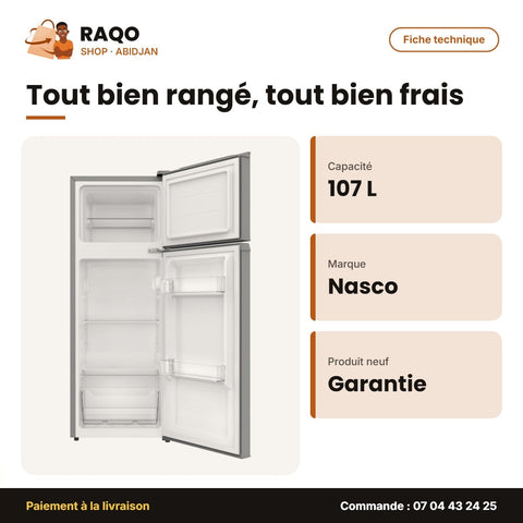 Réfrigérateur Nasco – 2 Portes – 107L(84LT+23LT) – Clé | SNASF2-175